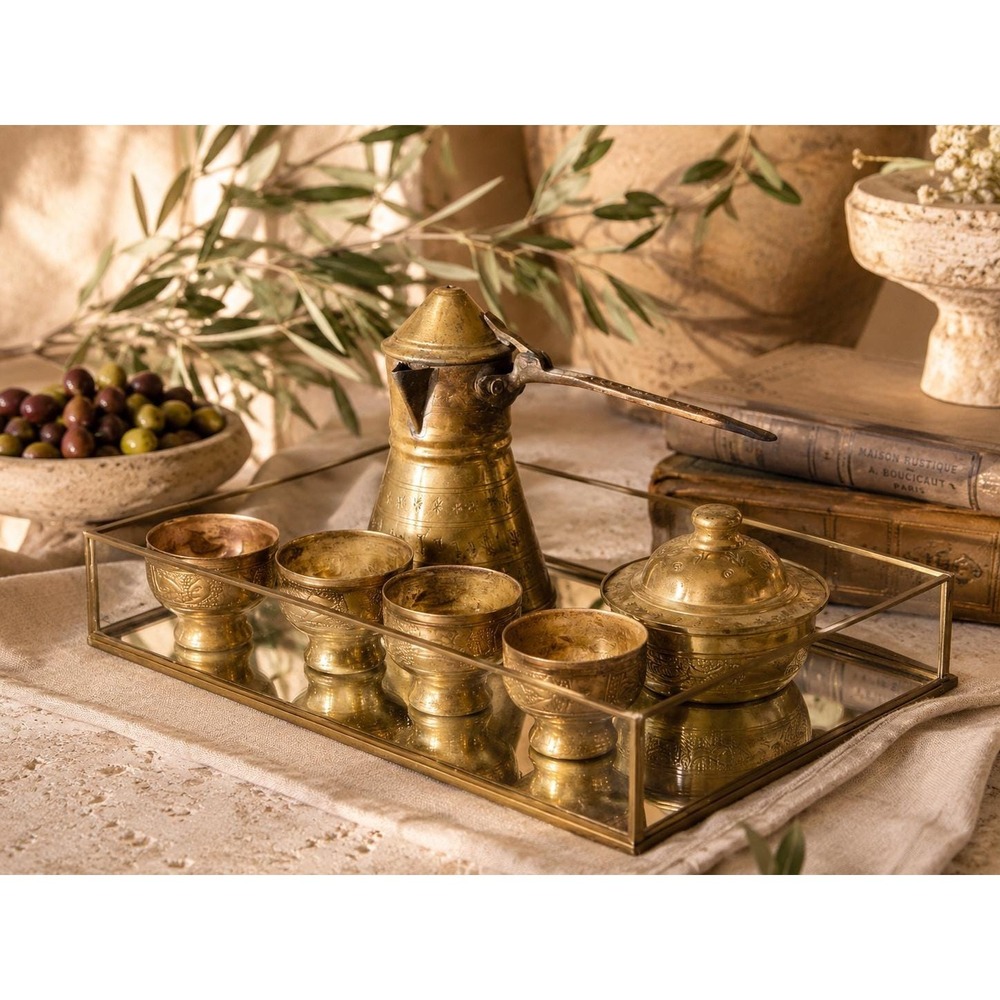 Vintage Brass Tea Set Engraved Coffee Pot 4 Cups Moroccan Mediterranean Decor